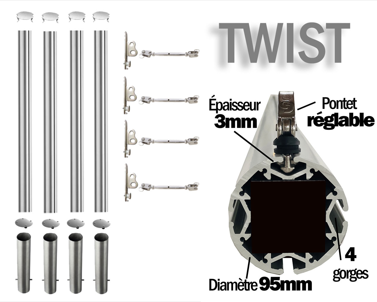 détail des accessoires fournis avec le concept twist pour voiles d'ombrage